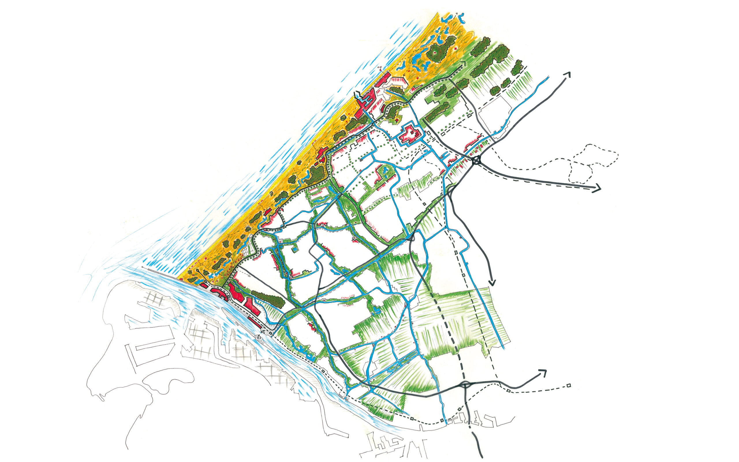 Delflandse Kust - kaart van mogelijk ruimtelijk beeld 2050. Voor het project Vaartenland uit 2011.