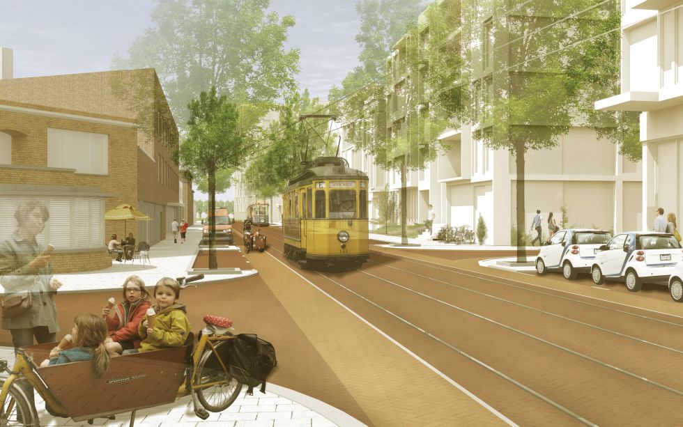 Deze afbeelding laat zien hoe ons stedenbouwkundig plan er op ooghoogte uitziet. Met een cruciale rol voor de Museumtramlijn.