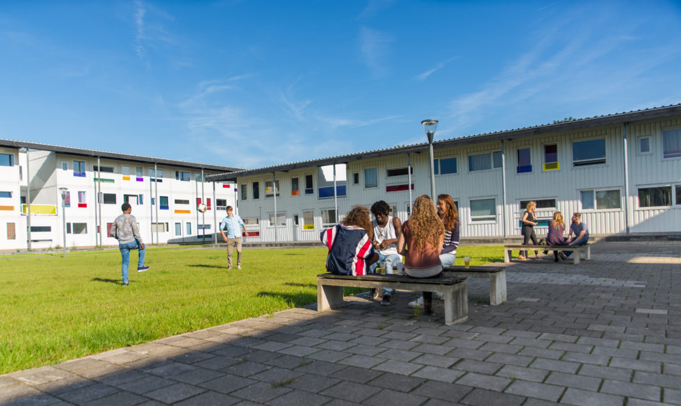 Foto na de oplevering van Startblok Riekerhaven met bewoners die aan het eten en voetballen zijn. Eenzelfde complex komt in Elzenhage.