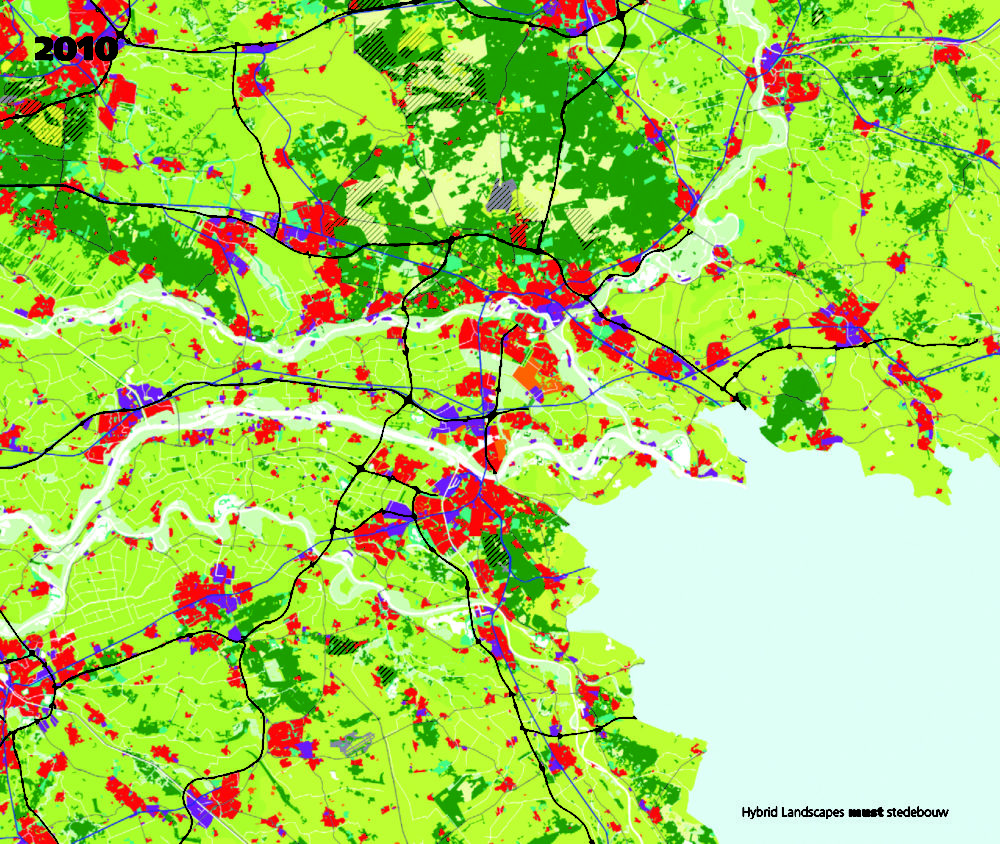 Uitsnede van een kaart gemaakt in het kader van het project Hybrid Landscapes. Deze kaart is gebruikt in het boek Cycling Cities. 