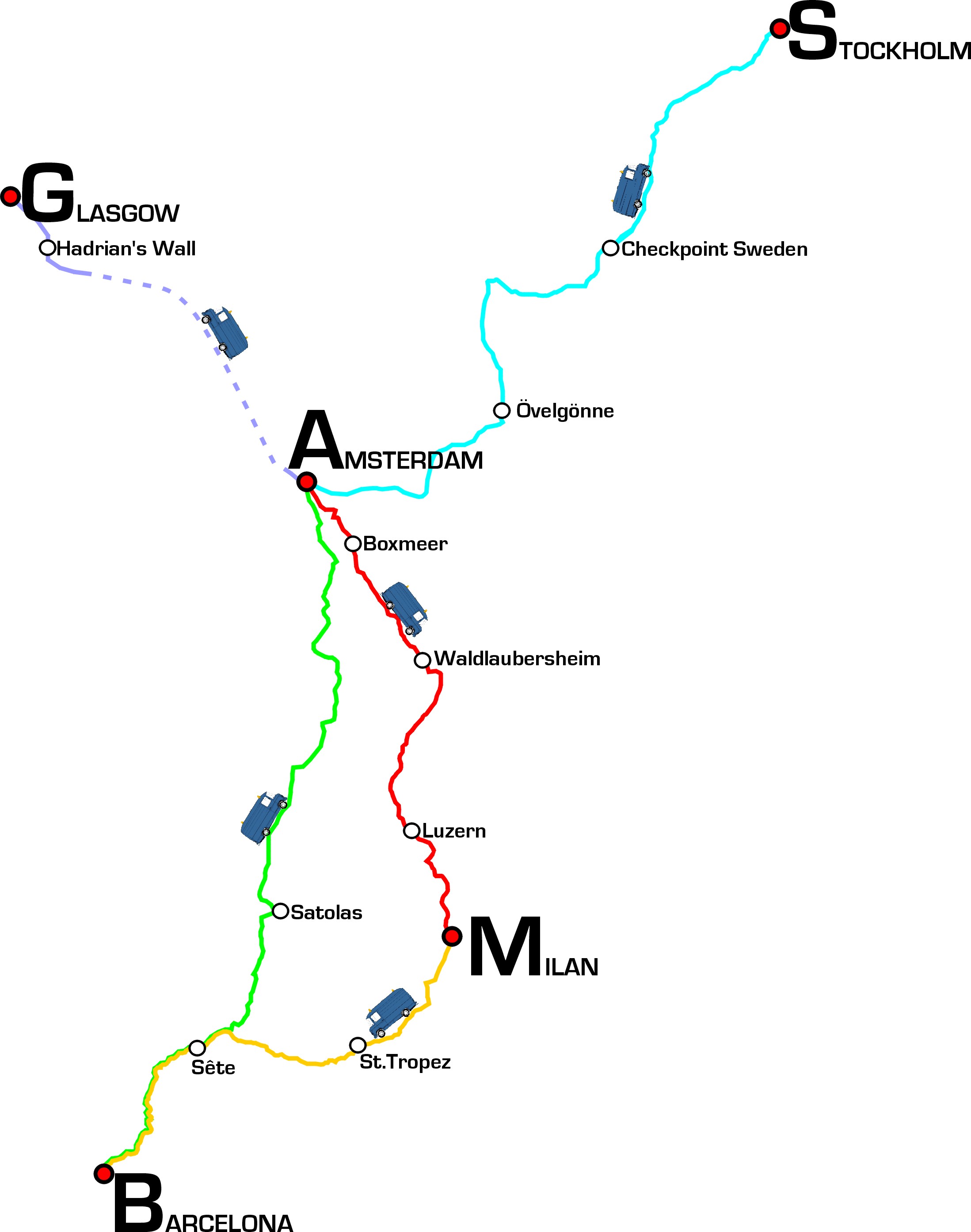 De route die wij in 1998 aflegde met onze MUST-bus