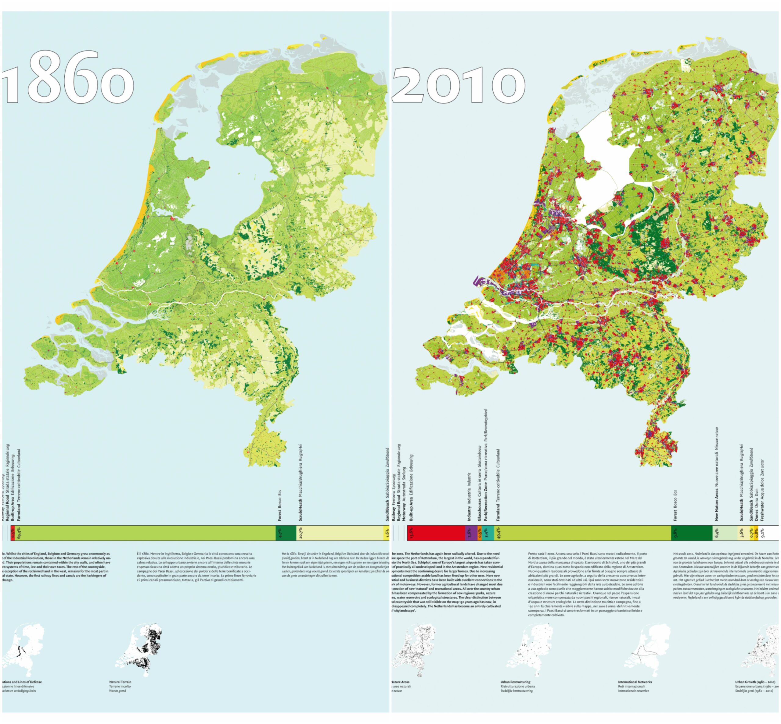 2 kaarten waarop je ziet dat Nederland tussen 1860 en 2010 volledig is veranderd. Deze kaarten komen uit het project Hybrid Landscapes uit 2004