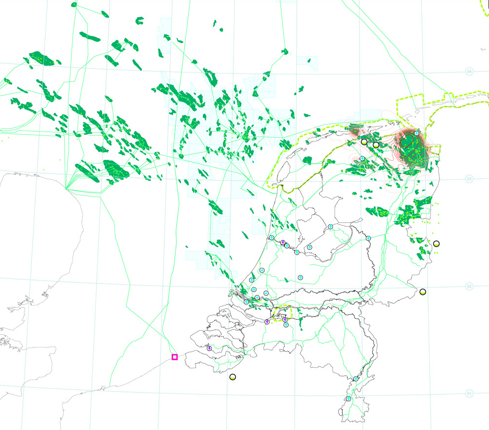 Kaart van Nederland met daarop ingetekend welke ruimte gas inneemt. Dit was voor het project energie is ruimte. 