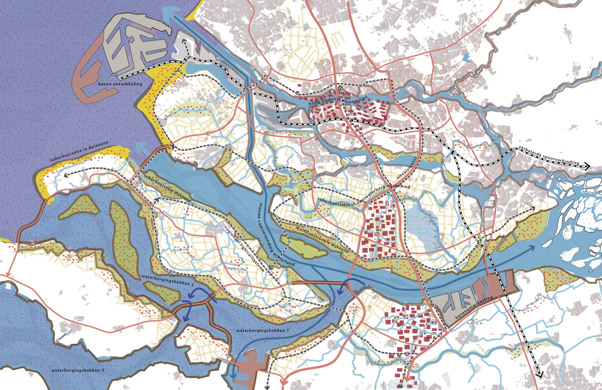 Kaart van het onderzoek Integral Planning and Design in the Delta. Toekomstbeeld scenario STOOM. 