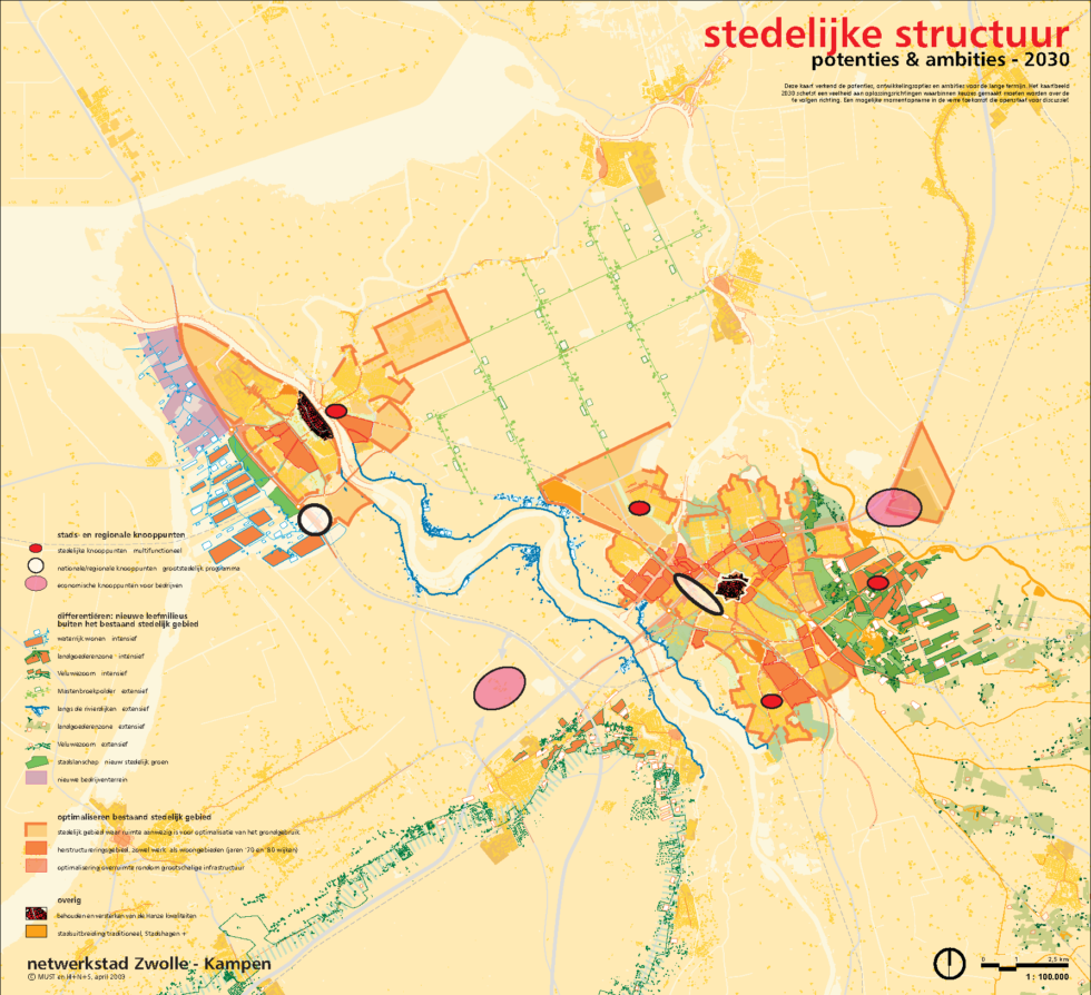 Kaart van stedelijke structuur voor het project stedelijk netwerk Zwolle Kampen