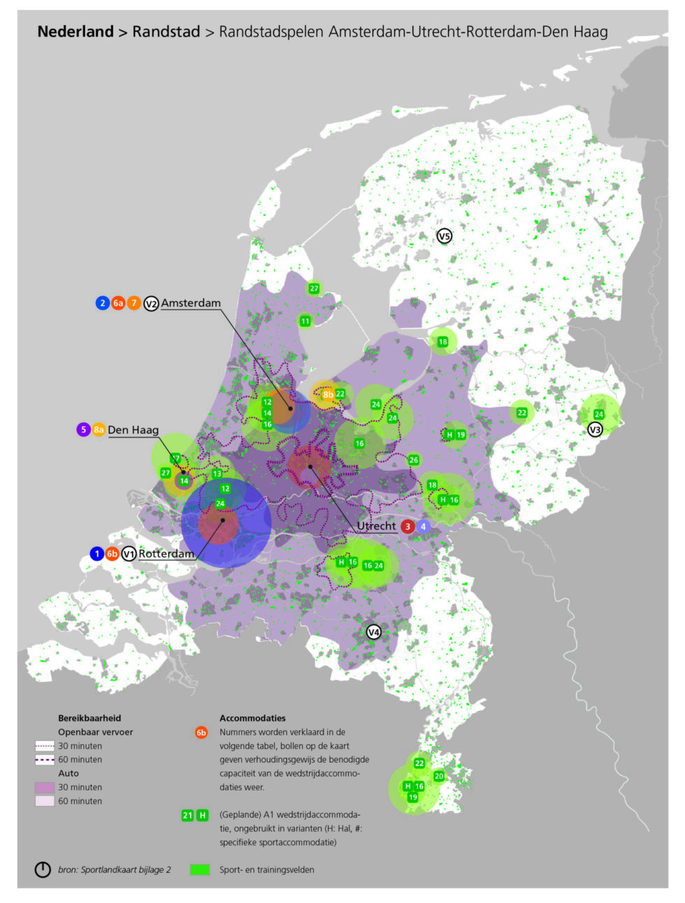 Kaart van de Randstadspelen, de vijfde variant voor de Olympische Spelen in Nederland