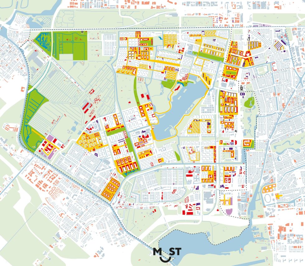 Deze kaart van Hein Coumou laat de stedelijke vernieuwing van Nieuw-West zien. 